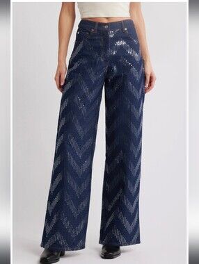 Nasty Gal Zig Zag Sequin Wide Leg Jeans InWide-Leg Jeans Sz8